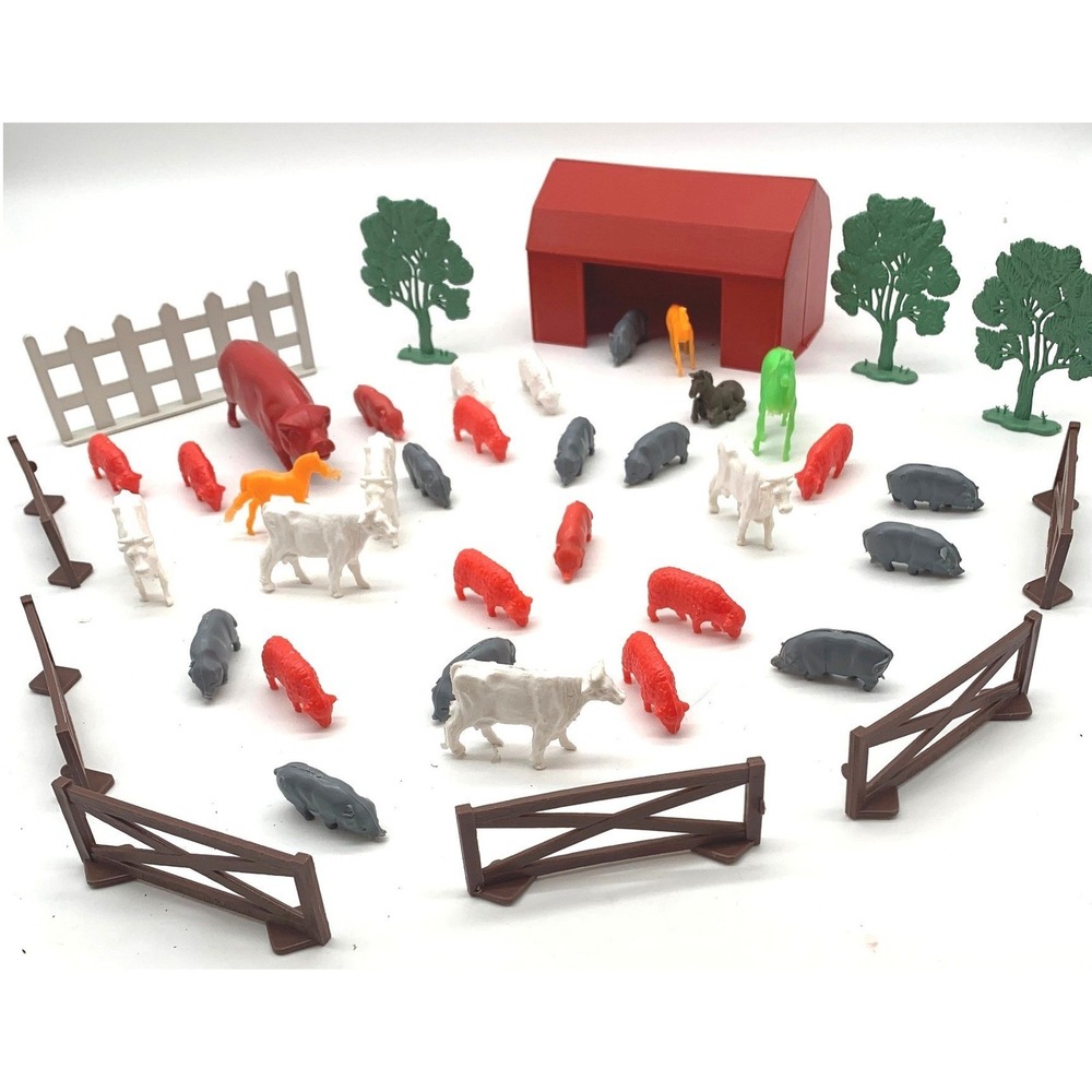 Vtg Plastic Farm Animal Playset Lot Barn Fence Tree Toy Figures 1970s 1980s 35Pc